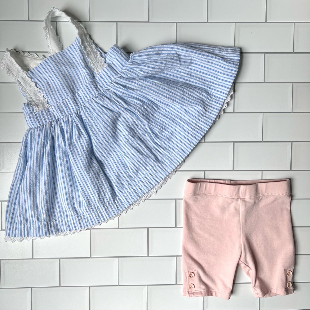 🤍12M Emma’s Garden Blue Pinstripe Seersucker Eyelet Dress with Blush Bike Short